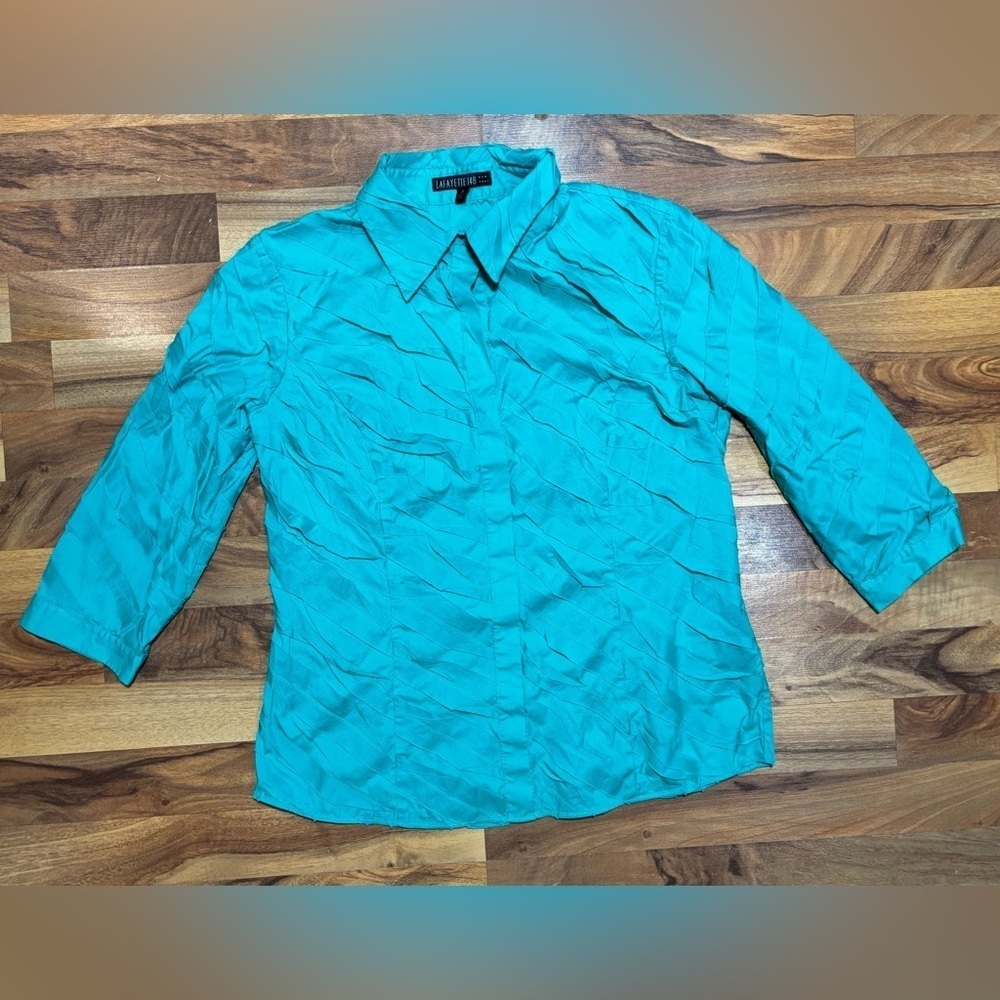 Lafayette 148 New York Teal Textured Button-Up Blouse Size 10